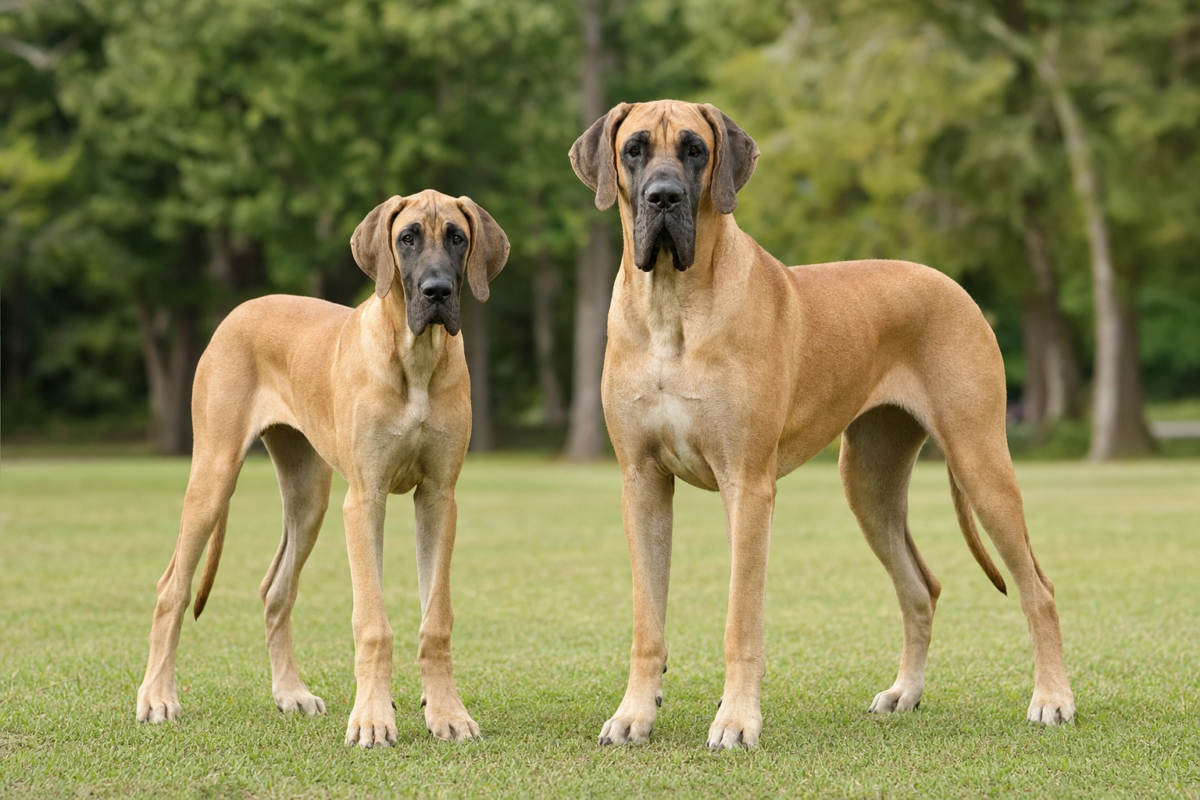 Adolescent Great Dane standing beside a fully grown adult Great Dane on green grass