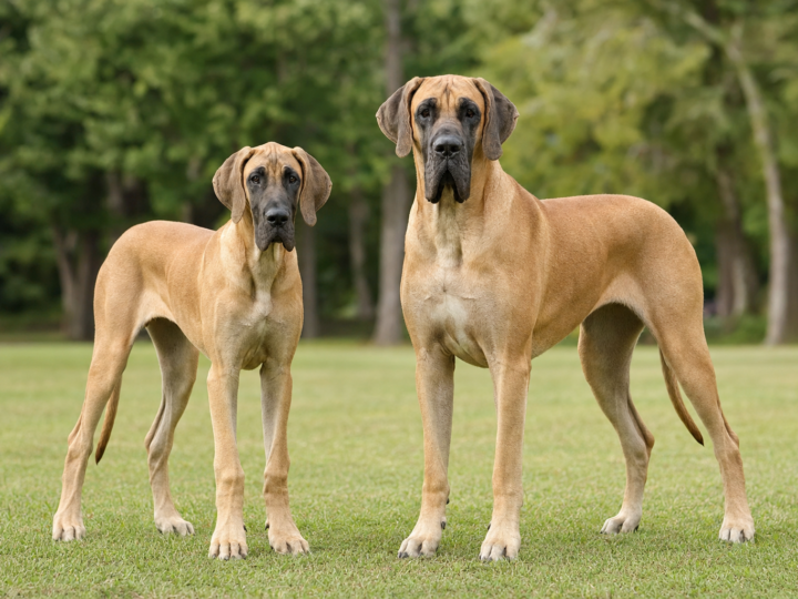 Adolescent Great Dane standing beside a fully grown adult Great Dane on green grass