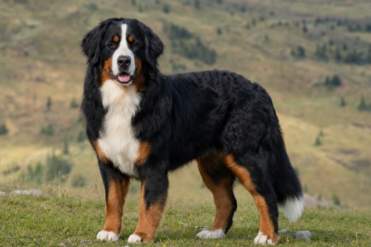 Young adult Bernese Mountain Dog standing on an alpine meadow