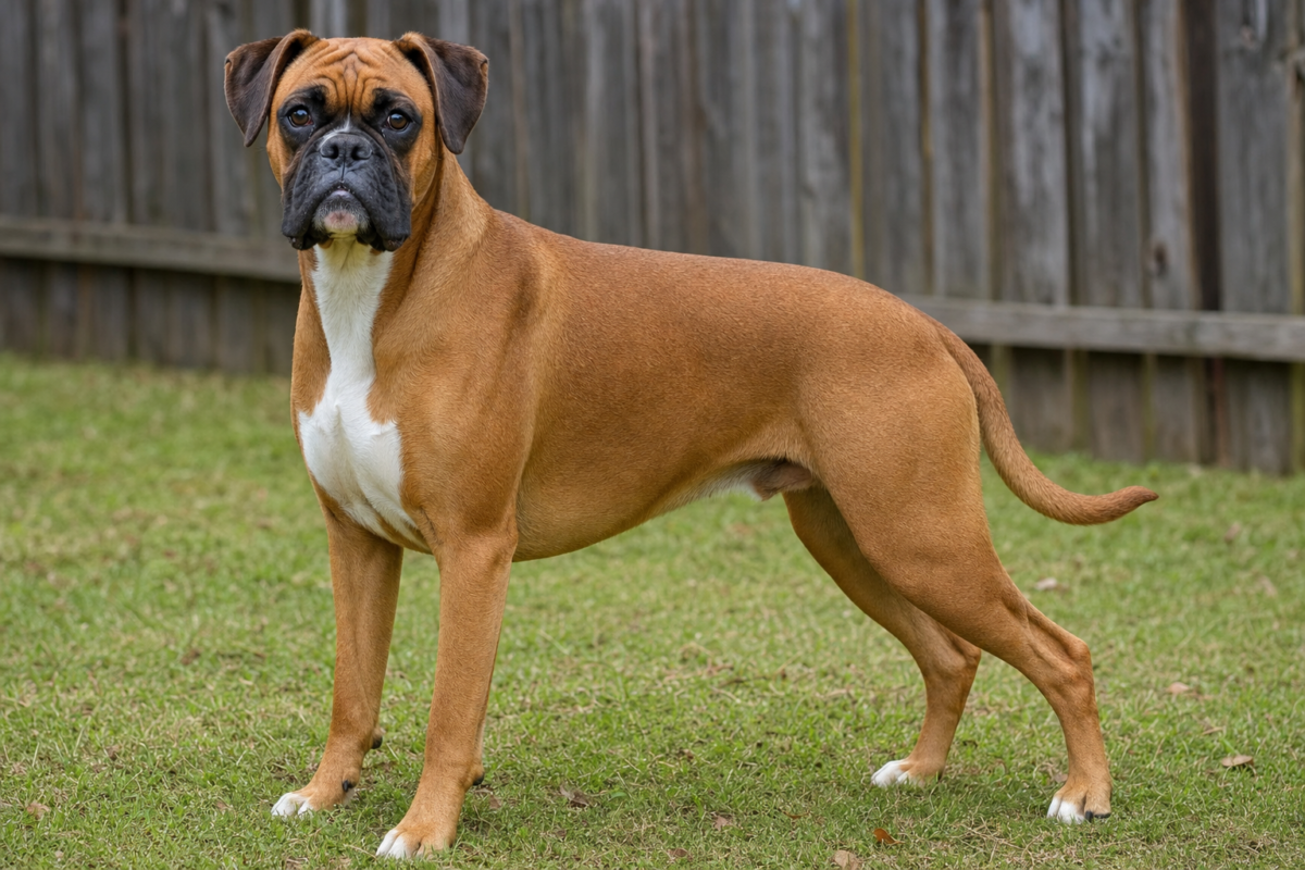 Adult fawn Boxer standing on a grass lawn beside a wooden fence