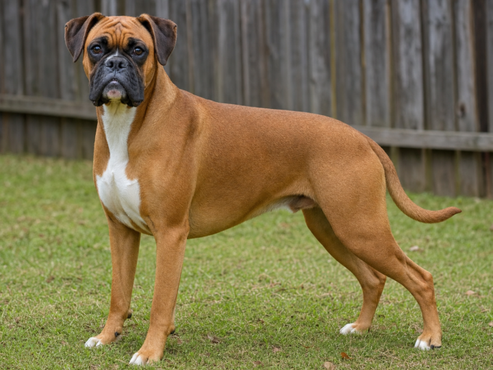 Adult fawn Boxer standing on a grass lawn beside a wooden fence