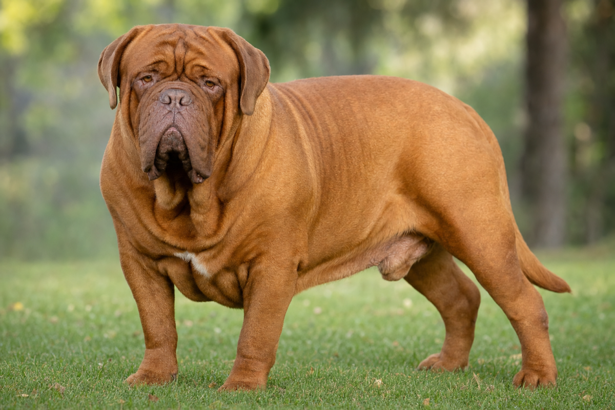 Adult fawn Dogue de Bordeaux standing on grass showing its broad wrinkled head and heavy frame