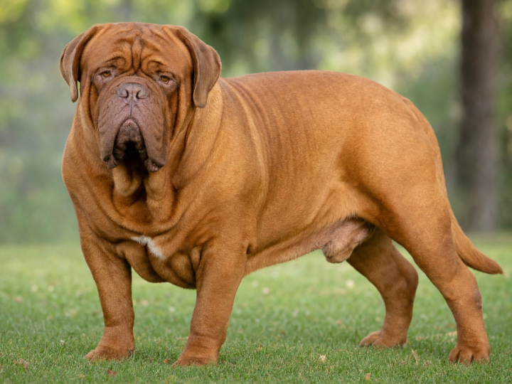 Adult fawn Dogue de Bordeaux standing on grass showing its broad wrinkled head and heavy frame