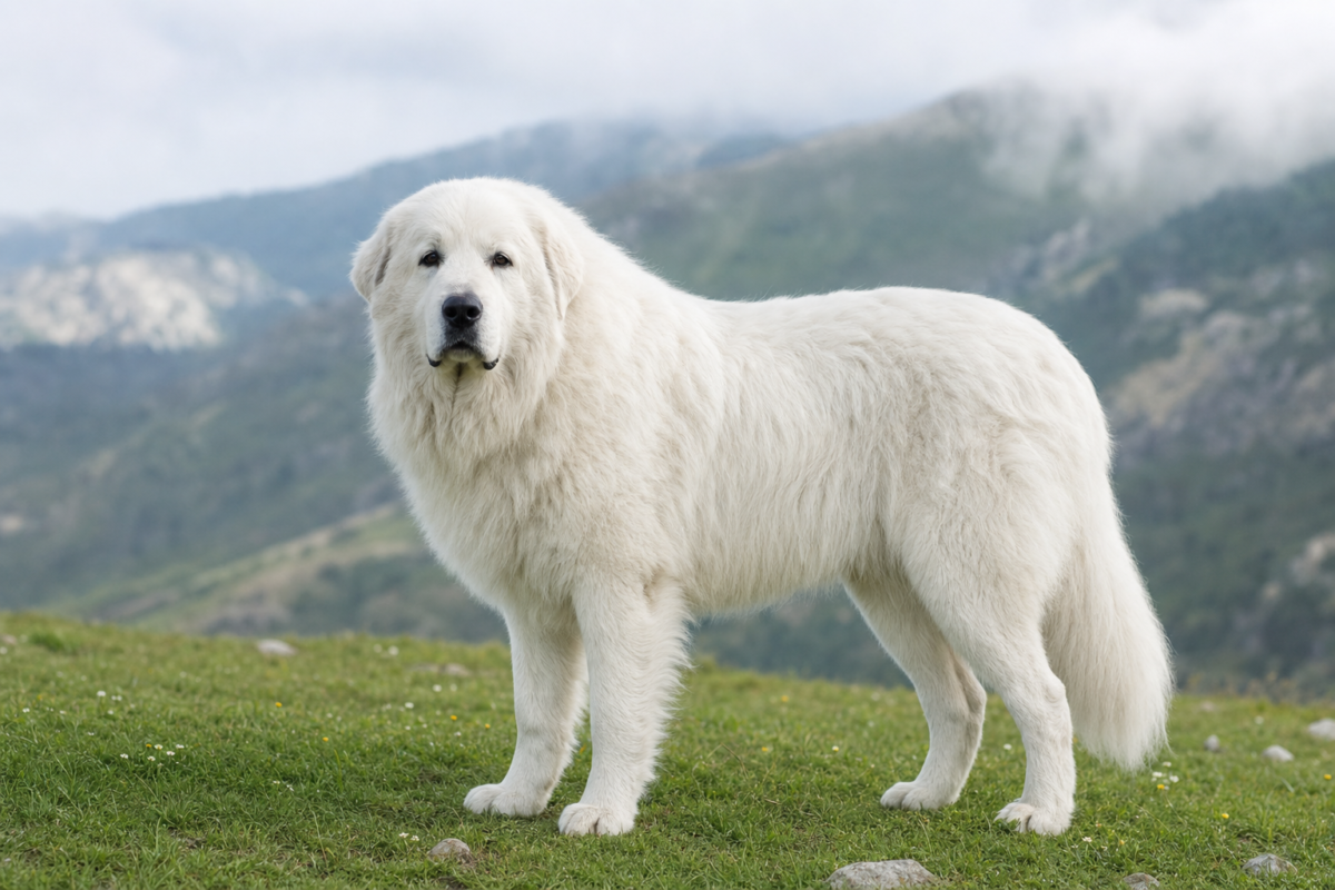Adult Great Pyrenees standing in a mountain meadow