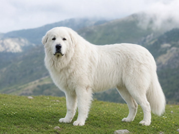 Adult Great Pyrenees standing in a mountain meadow