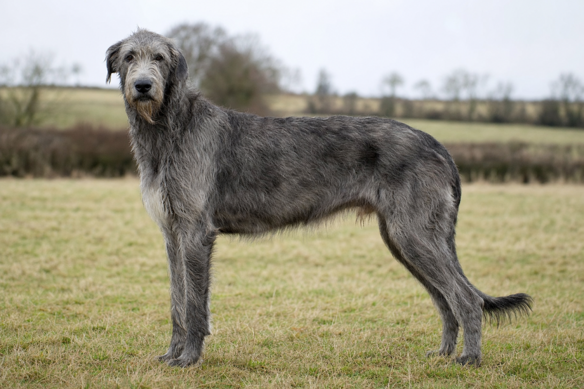 Adult grey Irish Wolfhound standing in a field showing its tall shaggy coated frame