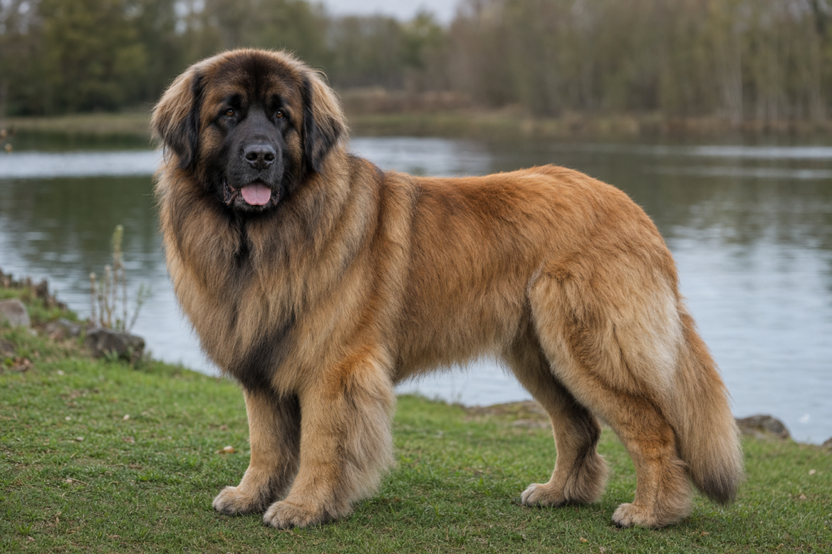 Adult Leonberger with a black mask and lion like mane standing beside a lake