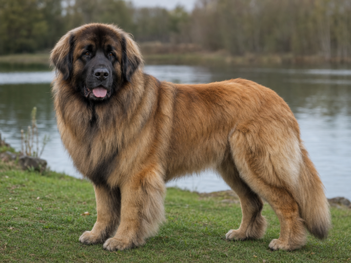 Adult Leonberger with a black mask and lion like mane standing beside a lake