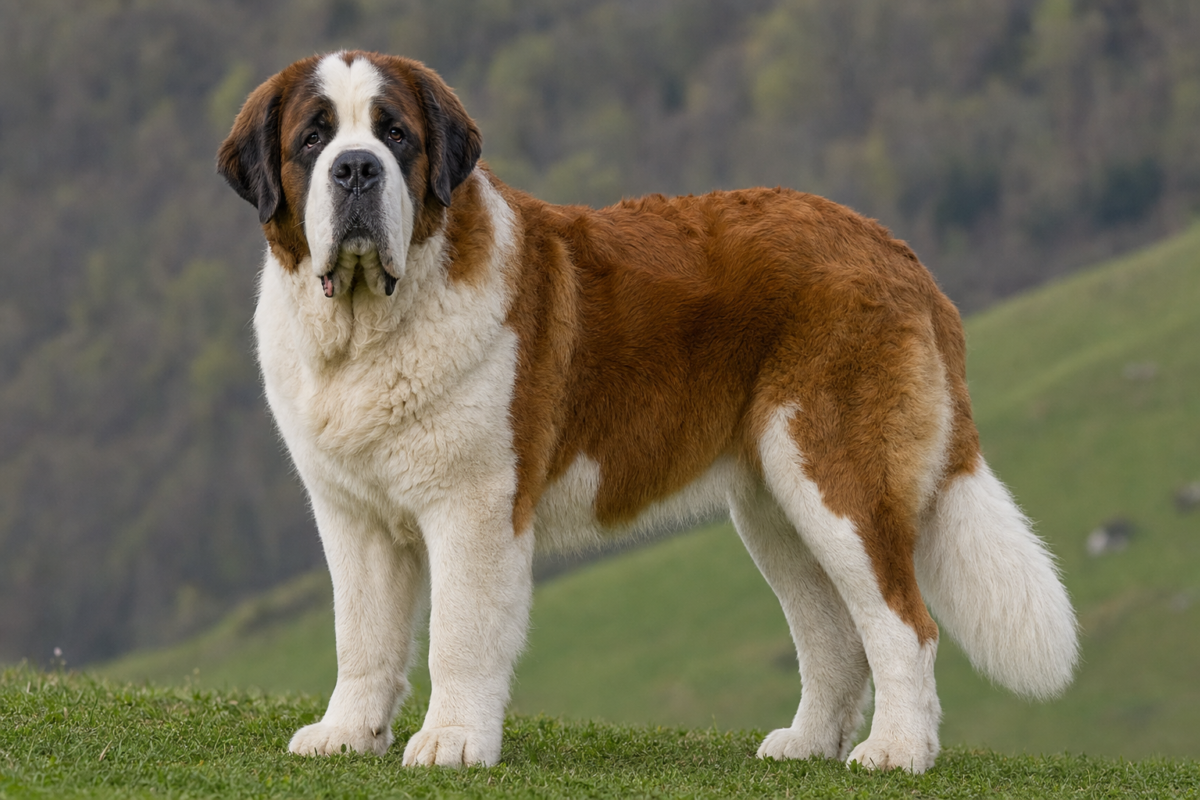 Adult Saint Bernard standing on a grassy hillside
