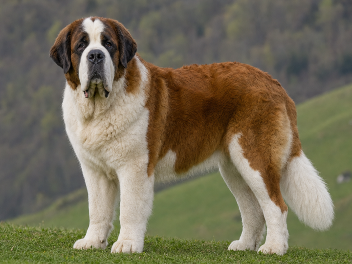Adult Saint Bernard standing on a grassy hillside