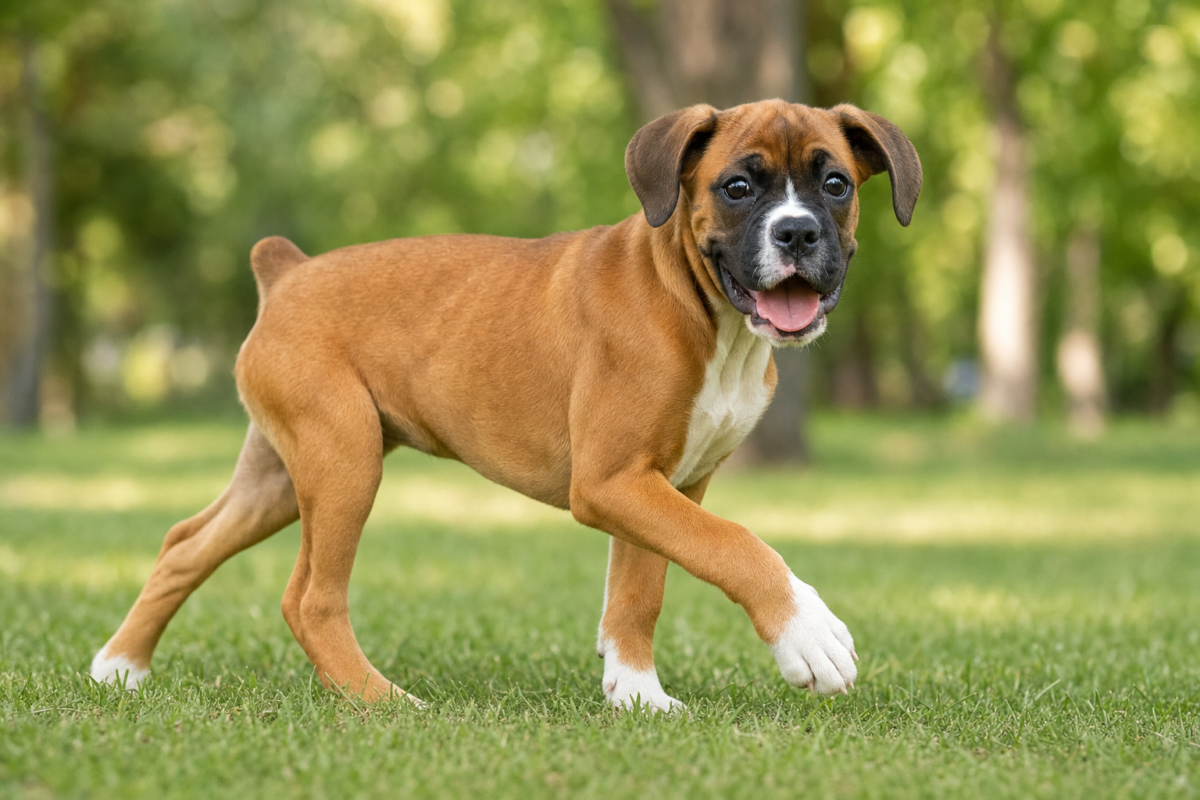 Fawn Boxer puppy with a dark face mask trotting across a green park lawn