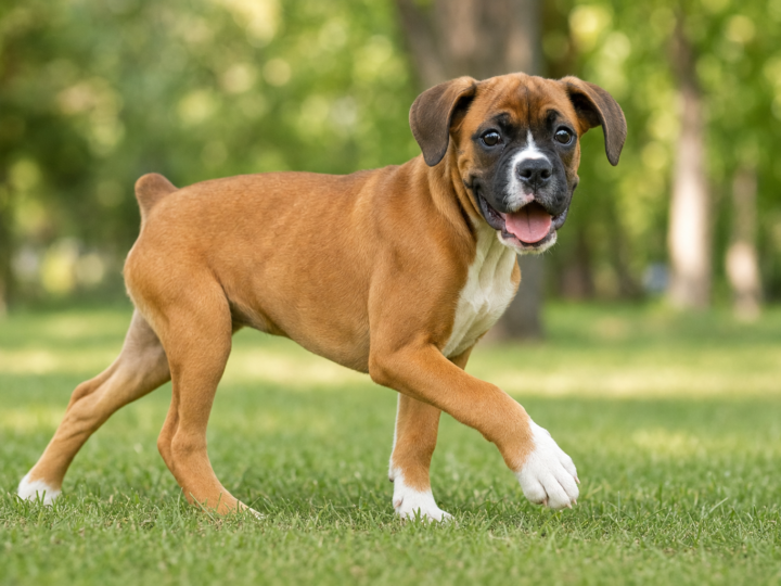 Fawn Boxer puppy with a dark face mask trotting across a green park lawn