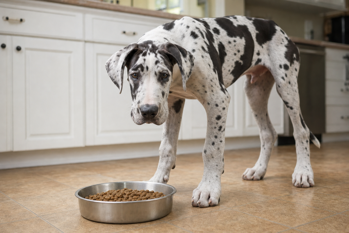Harlequin Great Dane puppy standing over a bowl of kibble