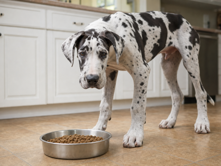 Harlequin Great Dane puppy standing over a bowl of kibble