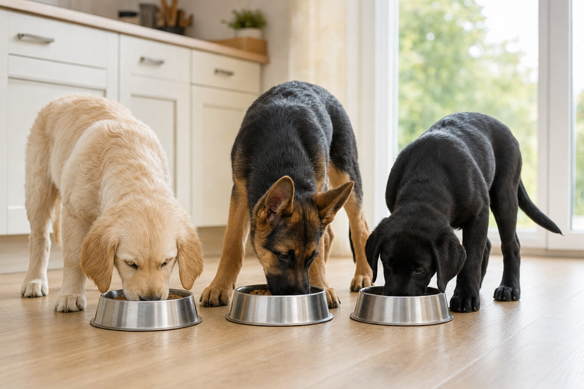 Golden Retriever, German Shepherd and black Labrador puppies eating from bowls
