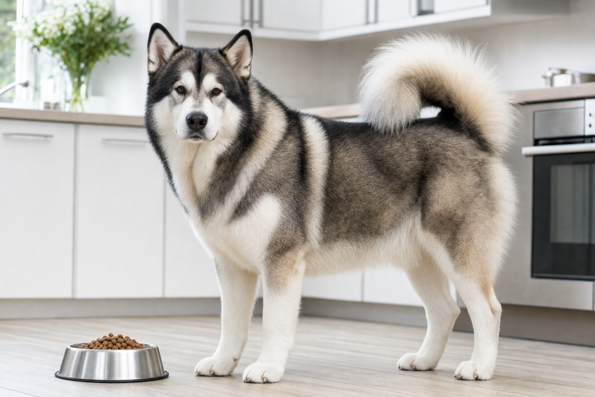 Adult Alaskan Malamute standing beside a stainless steel bowl of kibble in a bright kitchen