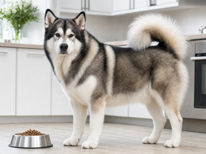 Adult Alaskan Malamute standing beside a stainless steel bowl of kibble in a bright kitchen