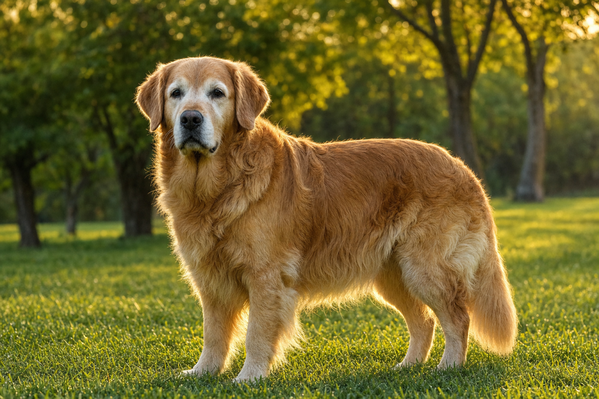 Older Golden Retriever with a greying muzzle standing on grass in evening light