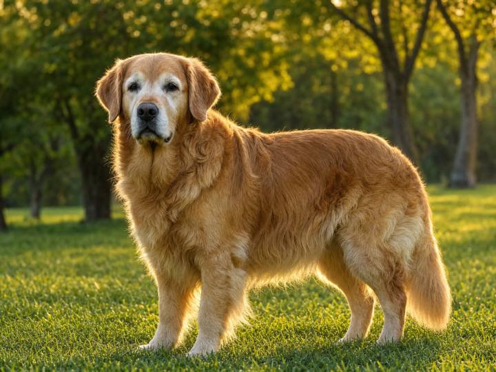 Older Golden Retriever with a greying muzzle standing on grass in evening light
