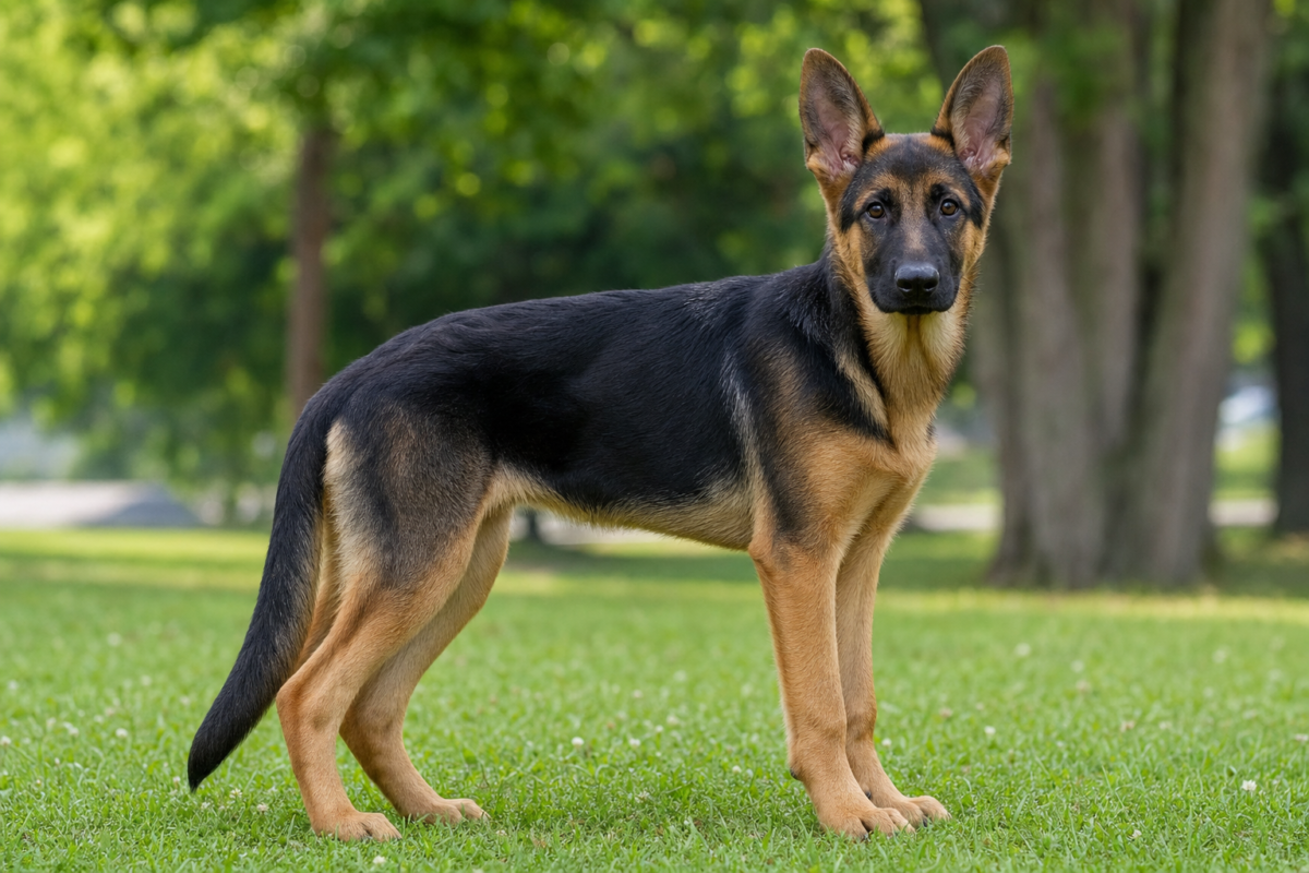 A lean adolescent German Shepherd puppy standing in profile on grass