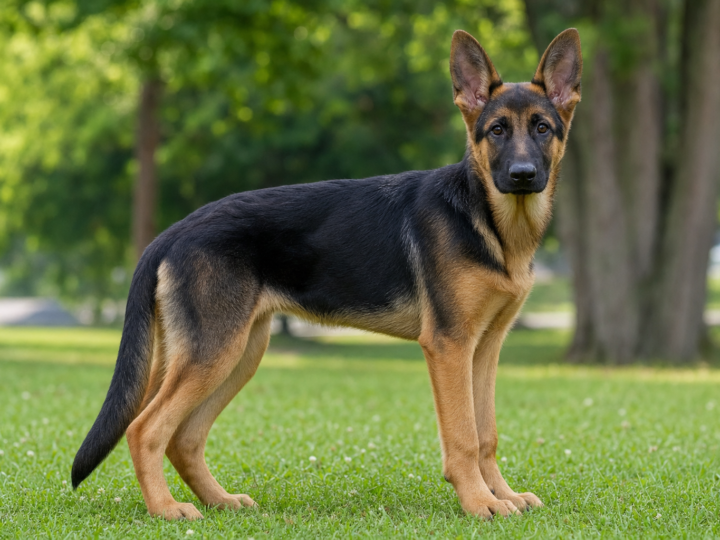 A lean adolescent German Shepherd puppy standing in profile on grass