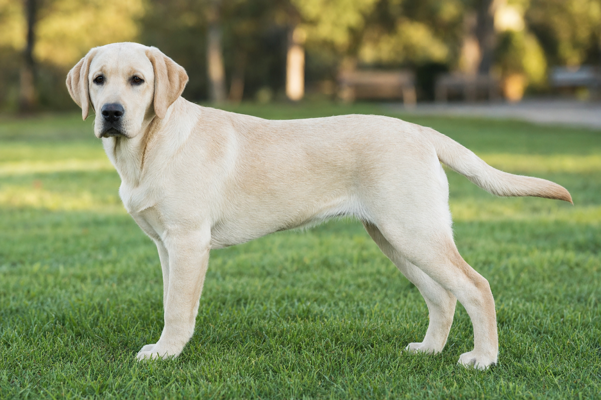 Lean yellow Labrador Retriever puppy standing in profile on grass