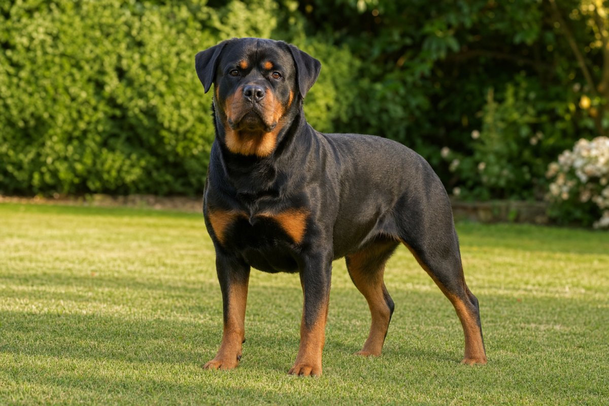 Adult Rottweiler standing squarely on a green lawn