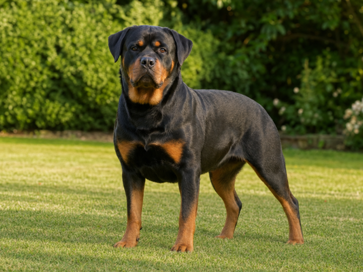 Adult Rottweiler standing squarely on a green lawn