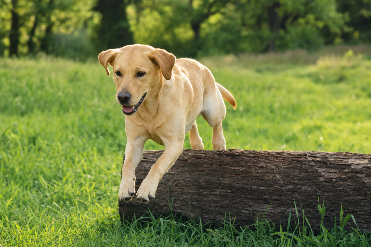 Yellow Labrador Retriever leaping over a low fallen log on green grass