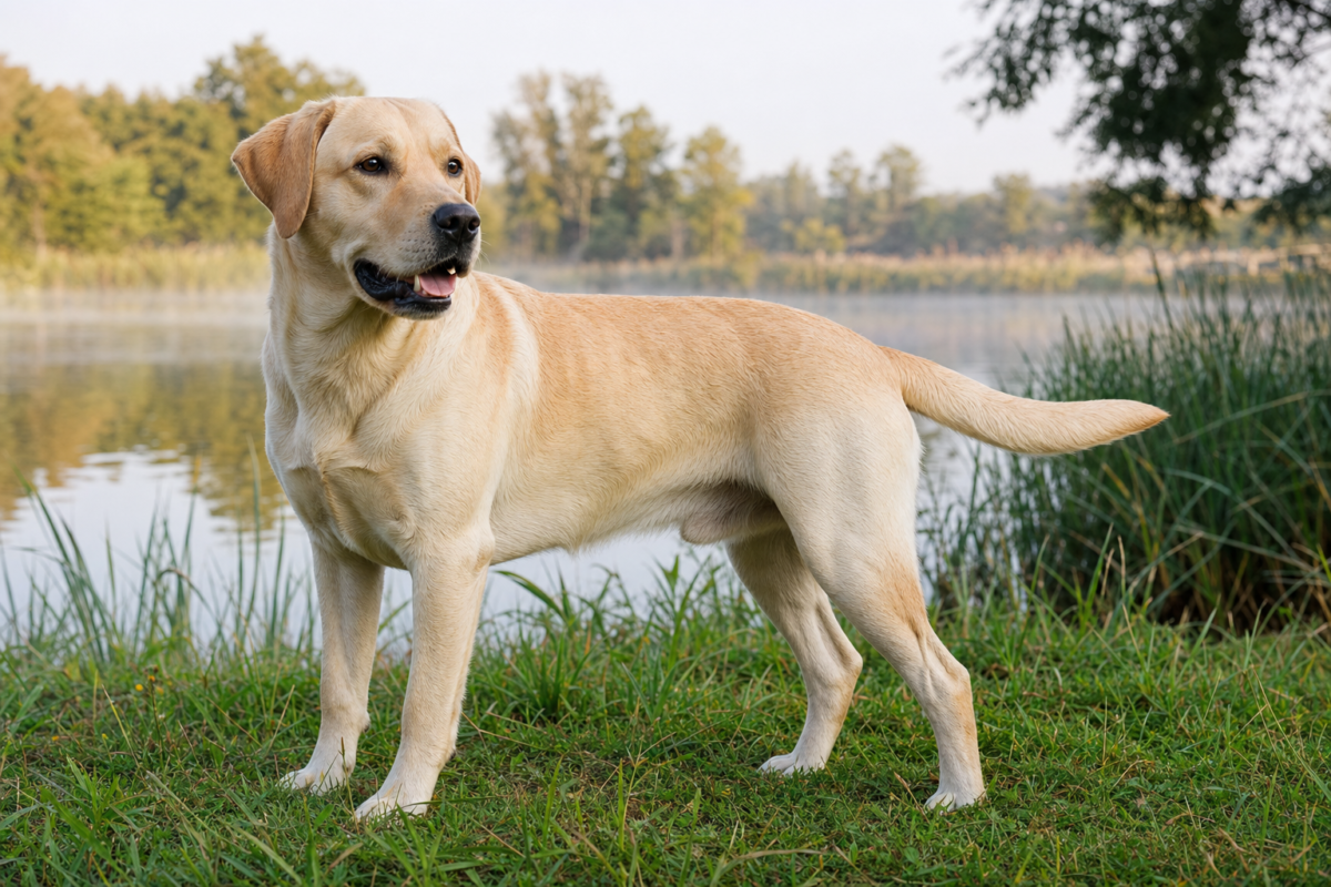 Adult yellow Labrador Retriever standing on a grassy bank beside a calm lake