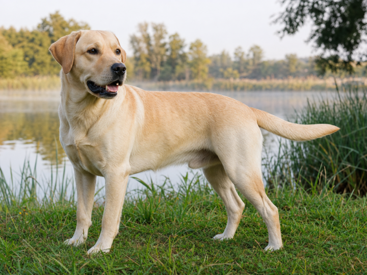 Adult yellow Labrador Retriever standing on a grassy bank beside a calm lake
