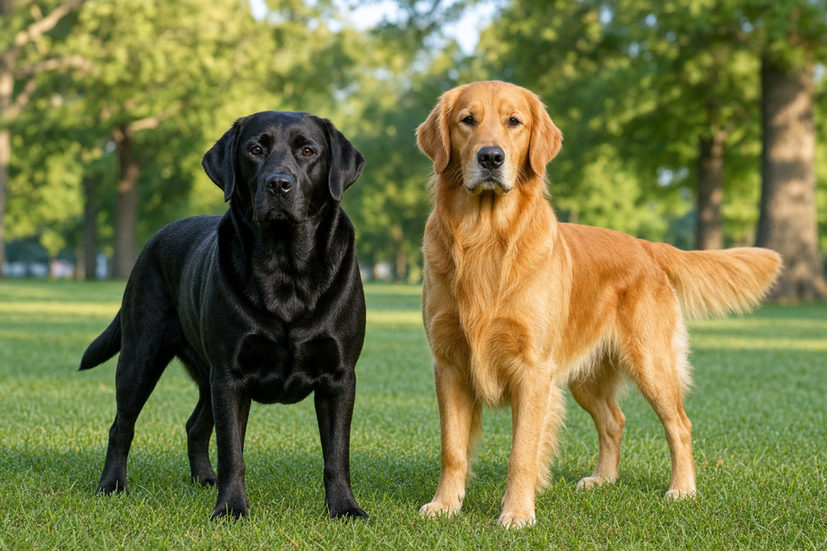 Adult black Labrador Retriever and a Golden Retriever standing side by side on green grass in a park