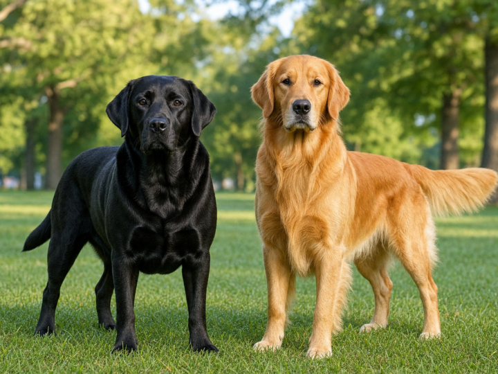 Adult black Labrador Retriever and a Golden Retriever standing side by side on green grass in a park