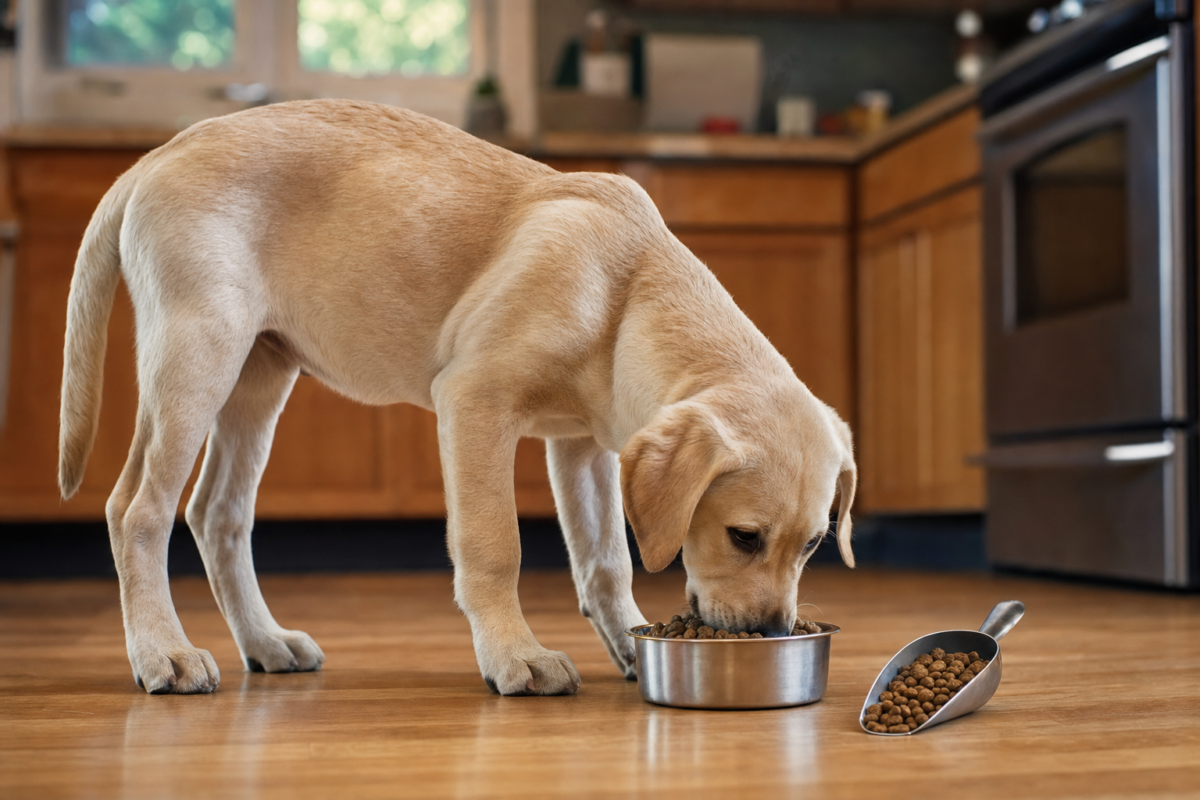 Large breed puppy eating from a bowl in a kitchen
