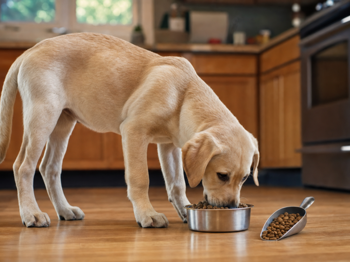 Large breed puppy eating from a bowl in a kitchen