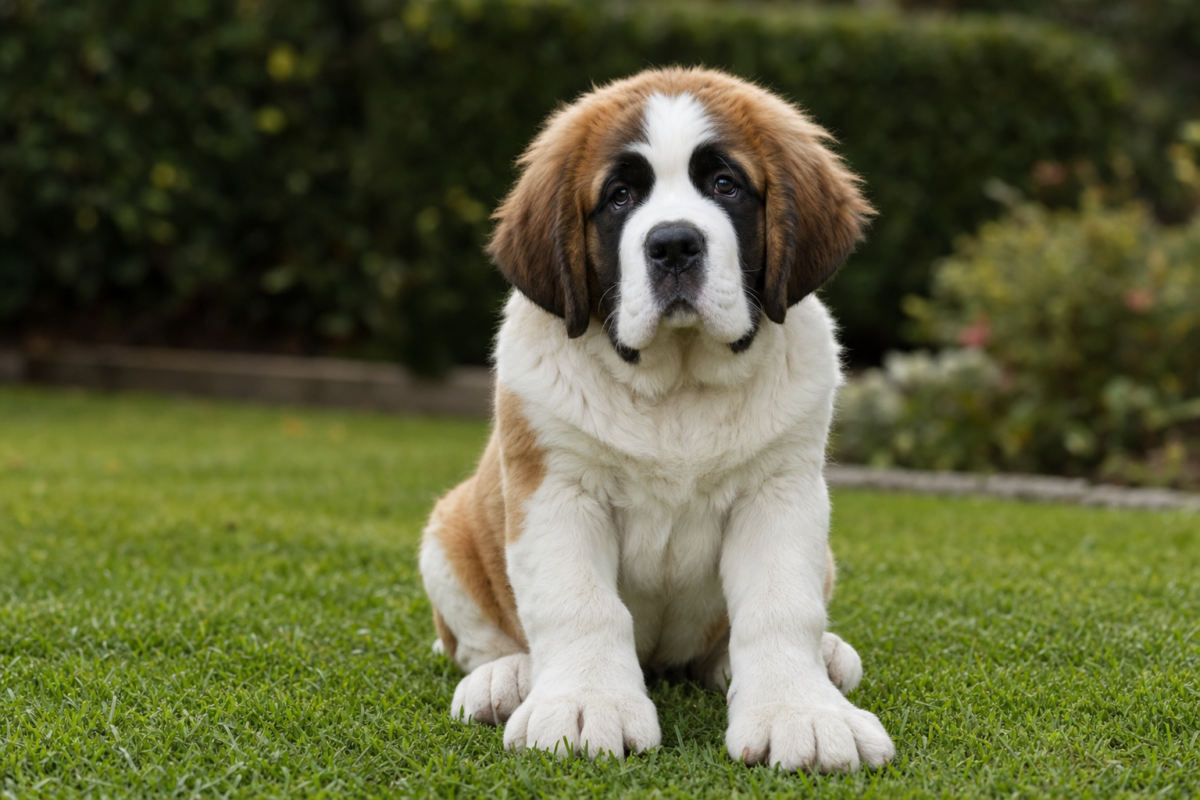 Saint Bernard puppy with oversized paws sitting on green grass