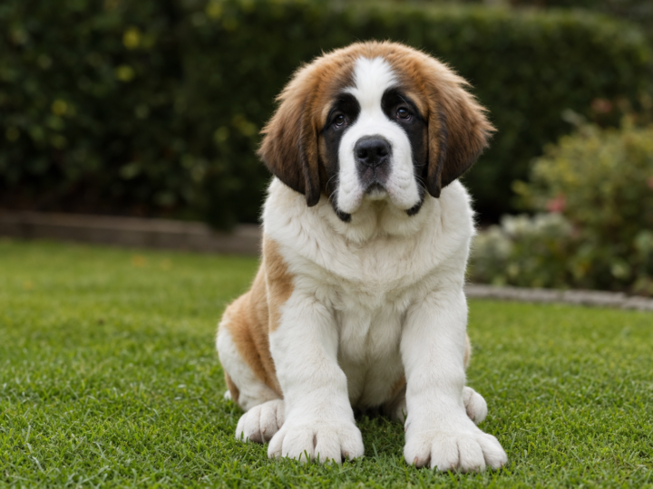Saint Bernard puppy with oversized paws sitting on green grass