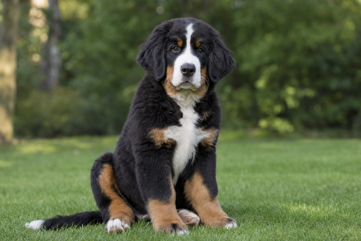 A tricolour Bernese Mountain Dog puppy with oversized paws sitting on grass