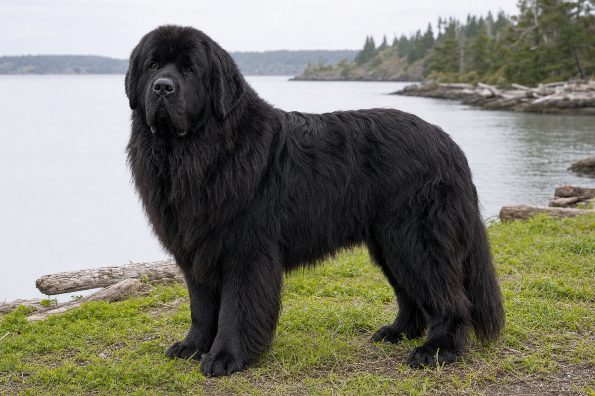 Adult black Newfoundland standing on a grassy shoreline beside calm water
