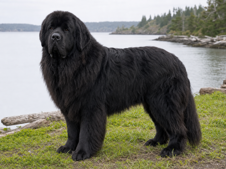 Adult black Newfoundland standing on a grassy shoreline beside calm water