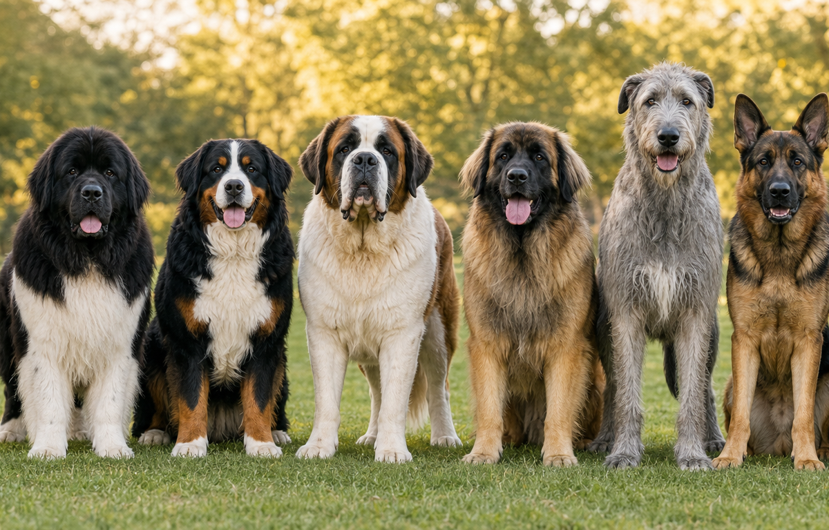 A wide lineup of many different large and giant breed dogs standing together on green grass outdoors on a bright day.