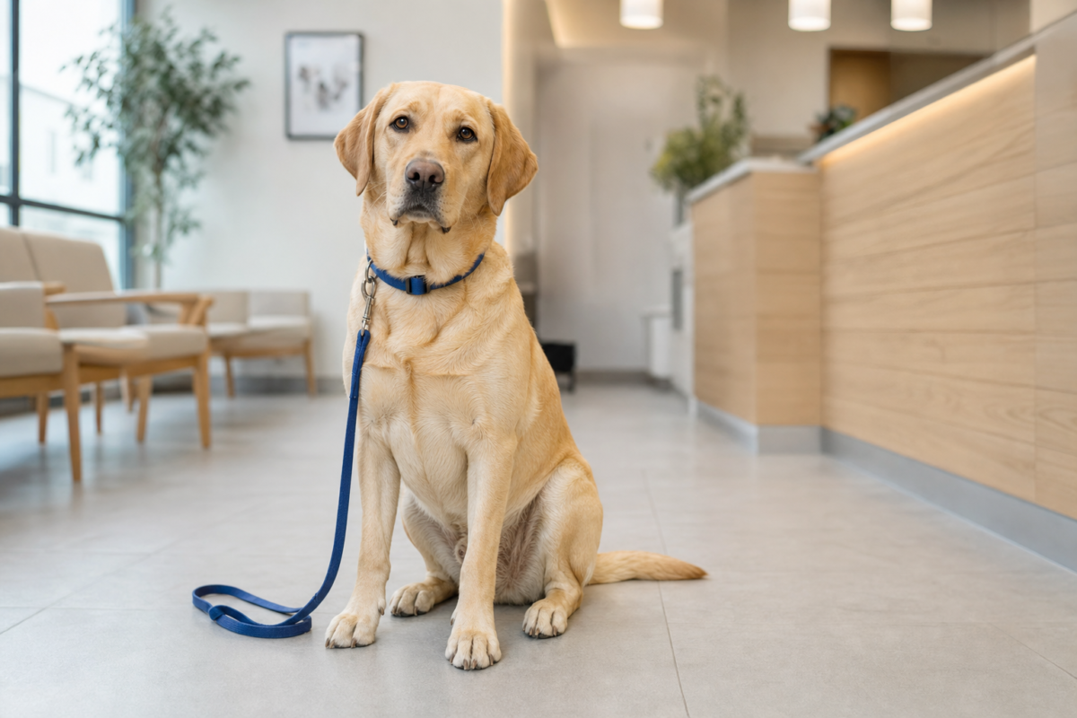 Yellow Labrador Retriever sitting calmly in a bright veterinary clinic waiting room