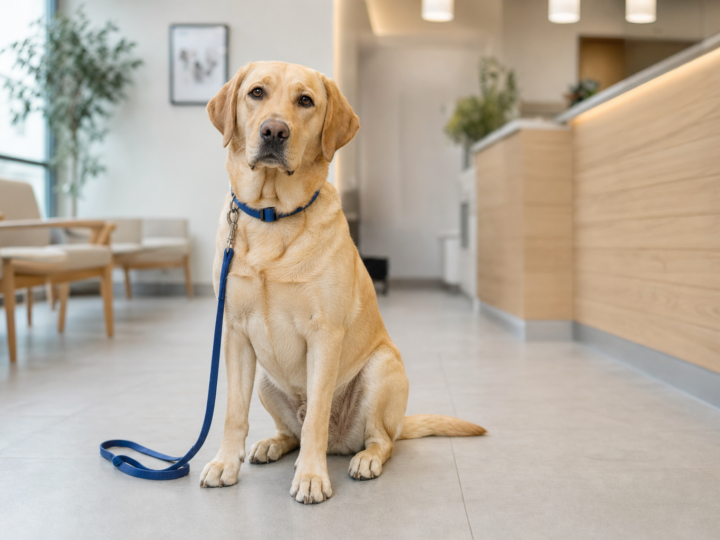 Yellow Labrador Retriever sitting calmly in a bright veterinary clinic waiting room