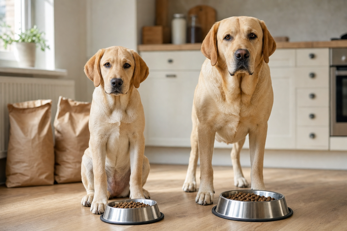 Young Labrador Retriever sitting beside an adult Labrador in a kitchen, each with a stainless steel bowl of kibble