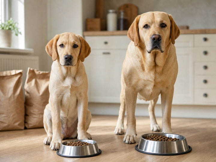 Young Labrador Retriever sitting beside an adult Labrador in a kitchen, each with a stainless steel bowl of kibble