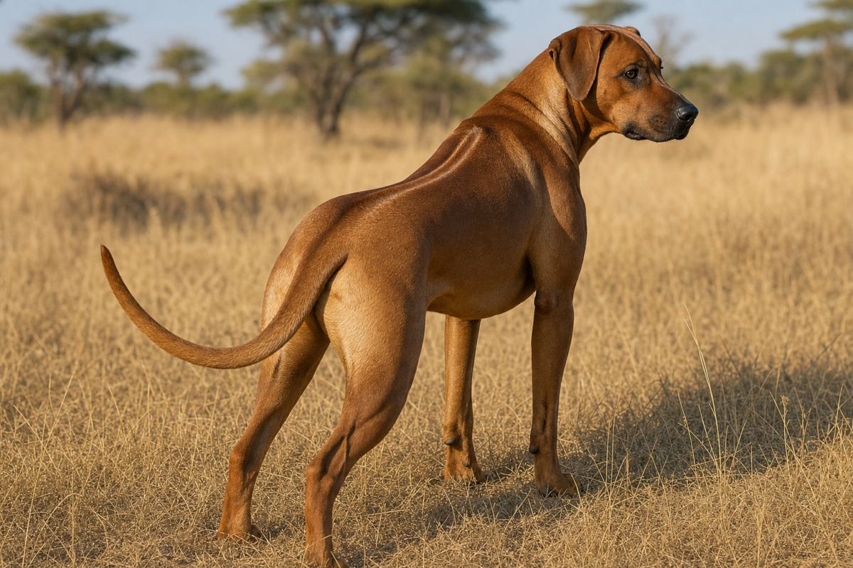 Adult Rhodesian Ridgeback standing in dry grass with the ridge visible along its back