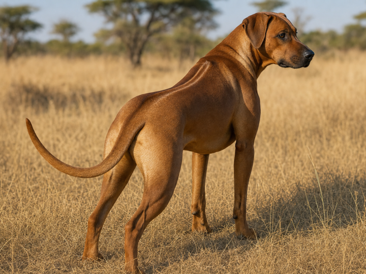 Adult Rhodesian Ridgeback standing in dry grass with the ridge visible along its back
