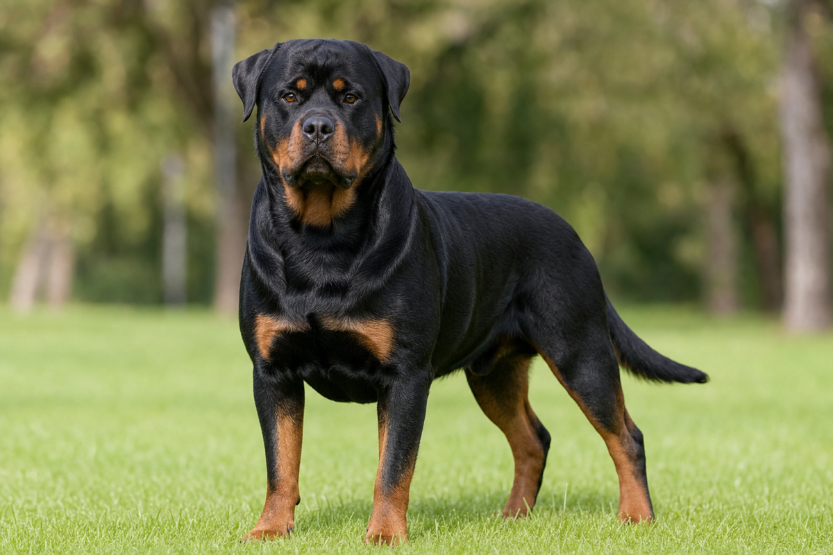 Adult Rottweiler standing on grass showing the breed black coat and rust markings
