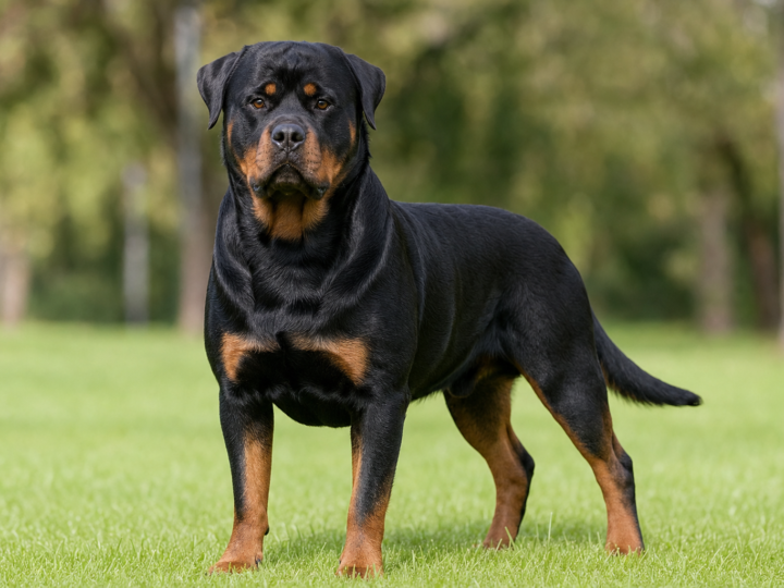 Adult Rottweiler standing on grass showing the breed black coat and rust markings