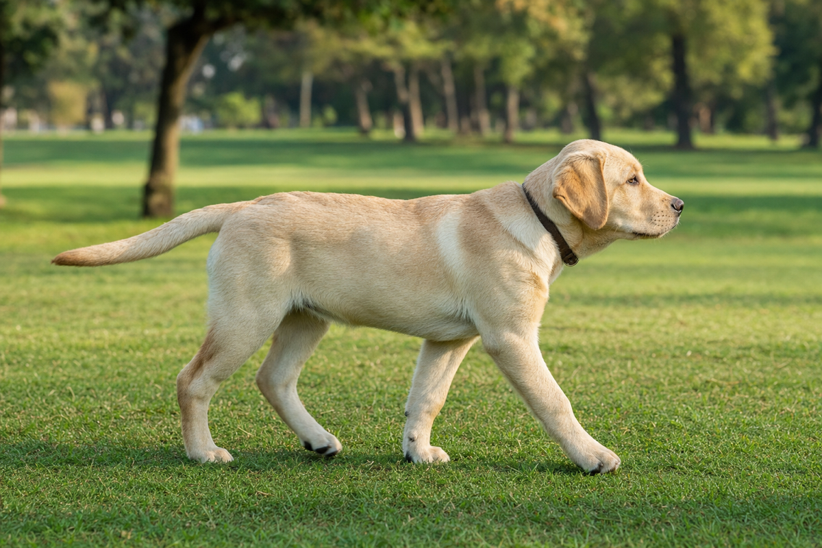 Yellow Labrador Retriever puppy walking on grass in a sunlit park